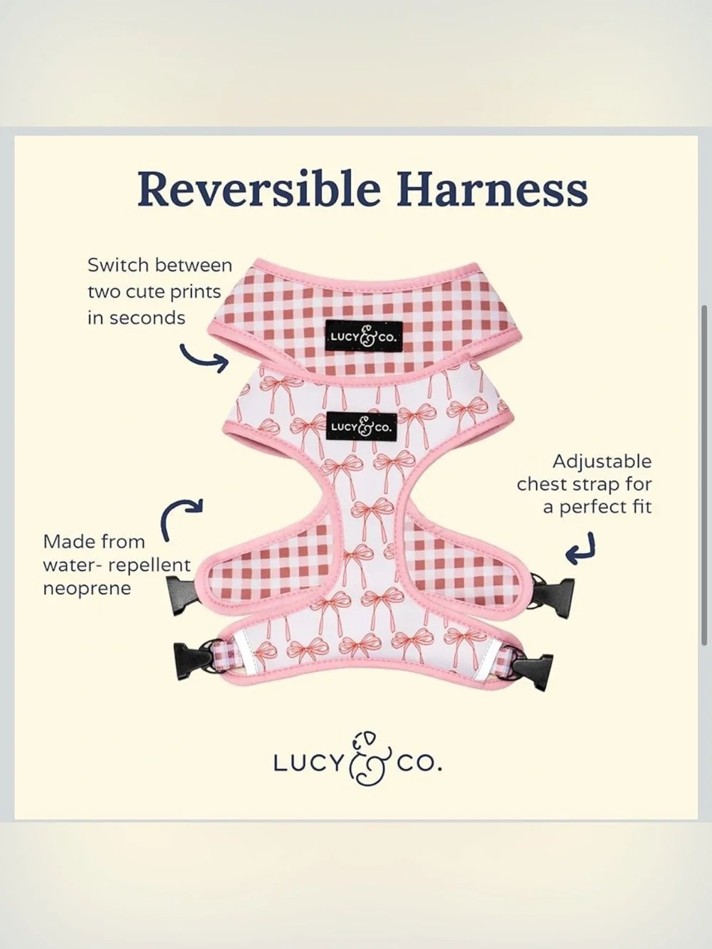 Lucy & Co. Pink Bow & Gingham Dog Harness - Cute Adjustable Small Breed Harness